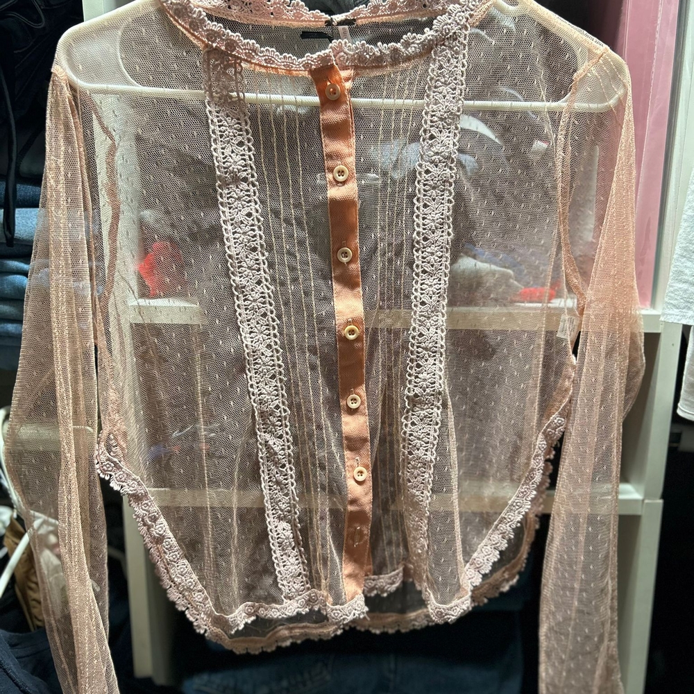 Chic Lace Button-Up Sheer Blouse in Pink